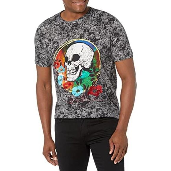 ROBERT GRAHAM Shirt Mens Medium Black Pullover Crew Floral SINFUL SKULL $135 - Picture 1 of 9